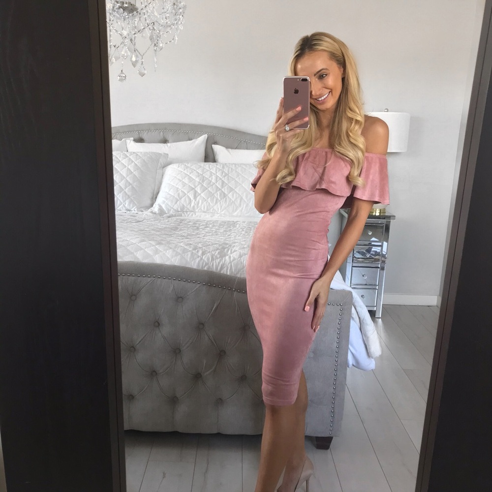 LAST ONE (Medium)!! Elegant Off the Shoulders Midi Suede Dress - Picture 8 of 8